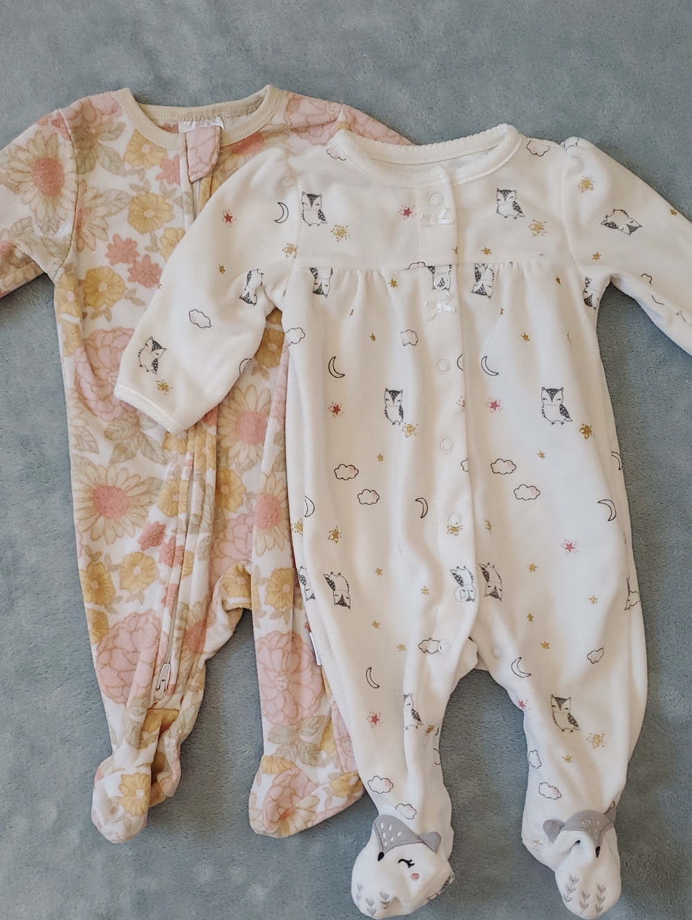 Set Of 2 Baby Girl Floral & Owl Footed Fleece Sleepers - White & Pink Size 0-3 M